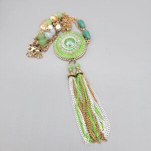 Beaded Bohemian Tassel Round Pendant Necklace Green Gold White Chains 28"